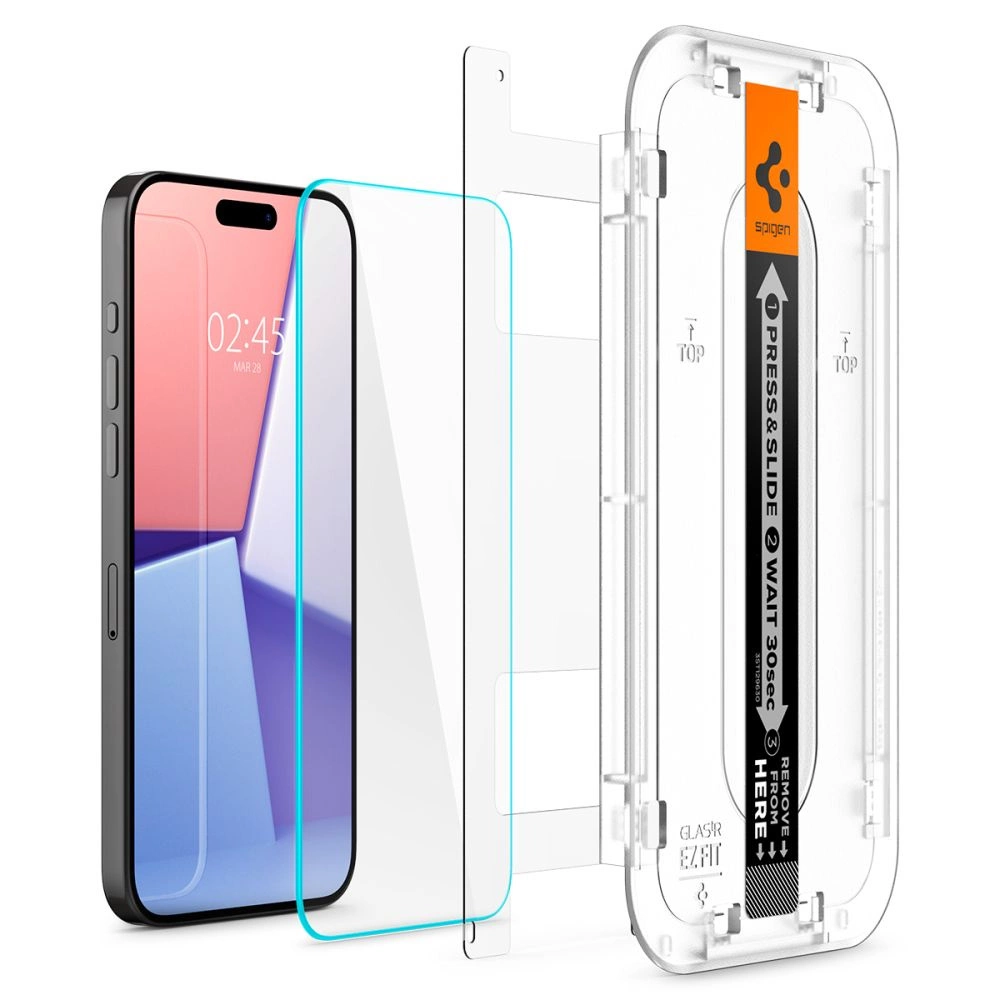 Stiklinis dėklas + Spigen Glas.tR EZ Fit 1-Pack aplikatorius, skirtas iPhone 15 Pro Max