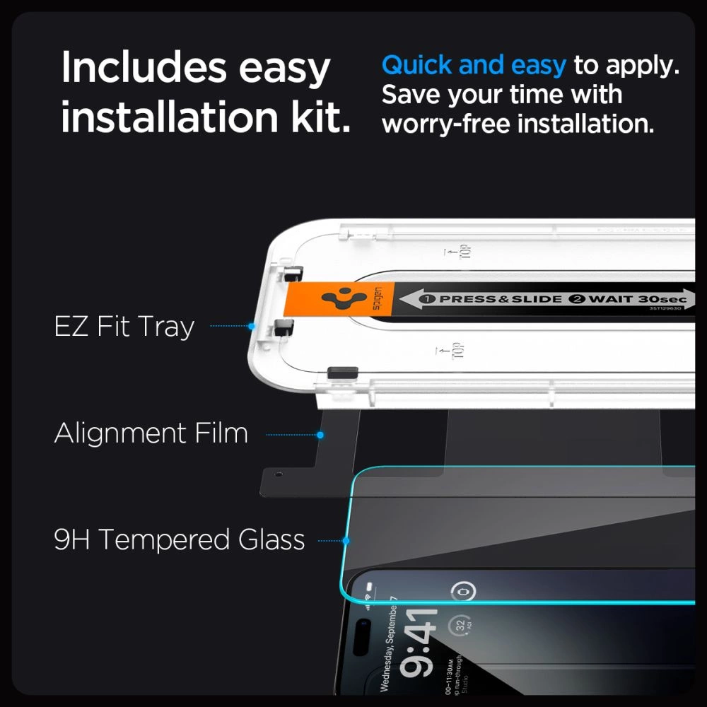 Stiklinis dėklas + Spigen Glas.tR EZ Fit 1-Pack aplikatorius, skirtas iPhone 15 Pro Max