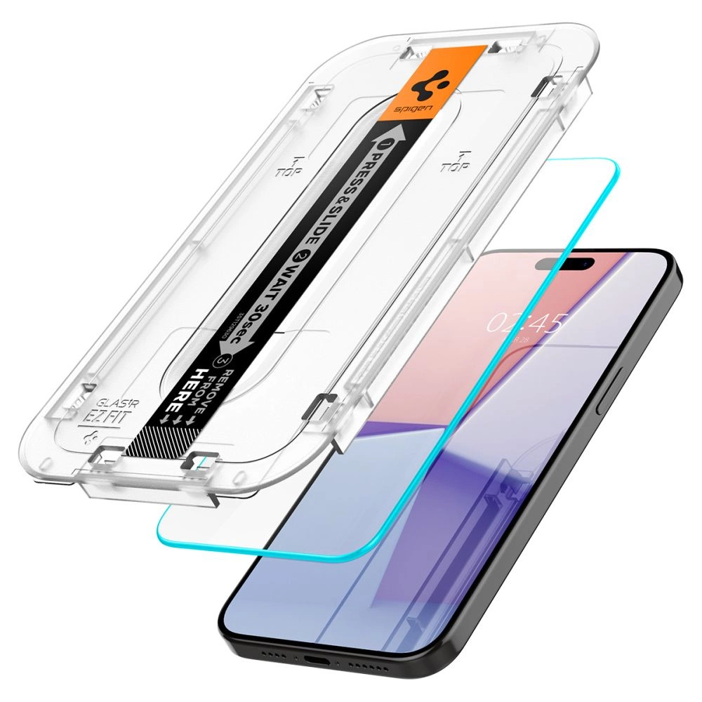 Stiklinis dėklas + Spigen Glas.tR EZ Fit 1-Pack aplikatorius, skirtas iPhone 15 Pro Max