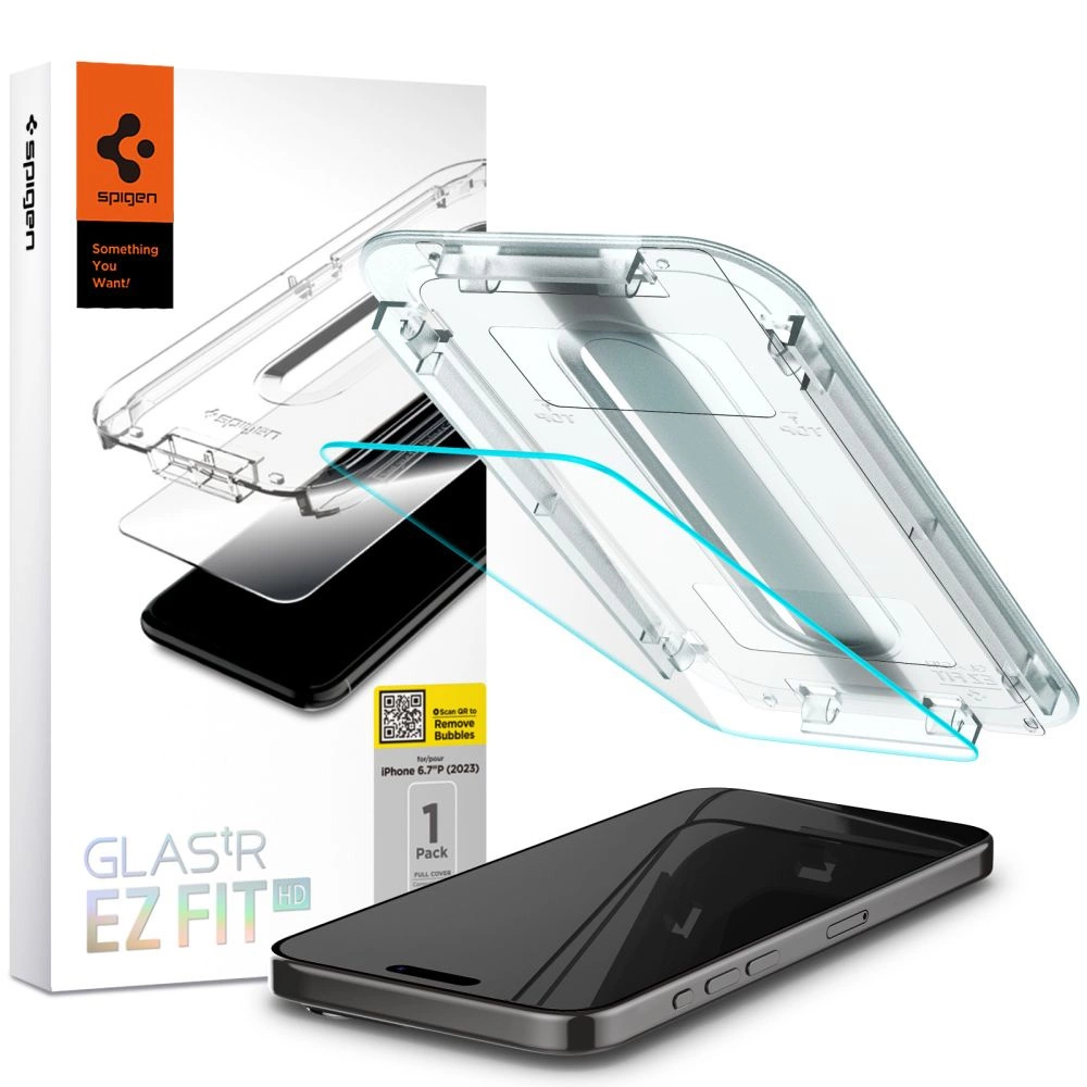 Stiklinis dėklas + Spigen Glas.tR EZ Fit 1-Pack aplikatorius, skirtas iPhone 15 Pro Max
