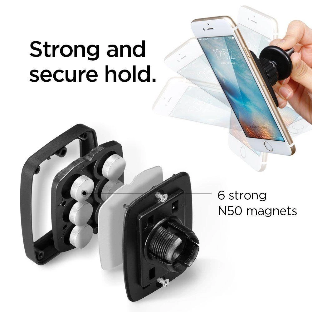 Spigen Tiekimas | Kuel H12 šešiašerdis magnetinis automobilio laikiklis | Juodas | Stiprus 6 dalių magnetas užtikrina stabilumą be likučių; Oro ventiliacijos guminis pagrindas suteikia visą priekinio stiklo vaizdą; 360° sukimosi funkcija patogiam žiūrėjimui; Lygus paviršius suteikia modernistinį dizainą; Suderinamas su bet kuriuo išmaniuoju telefonu.