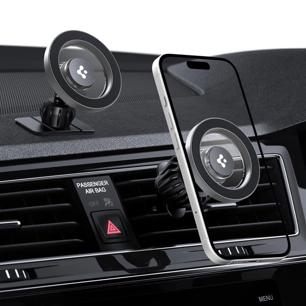 Automobilinis laikiklis telefonui Spigen MFT13 2in1 MagSafe sidabro spalvos