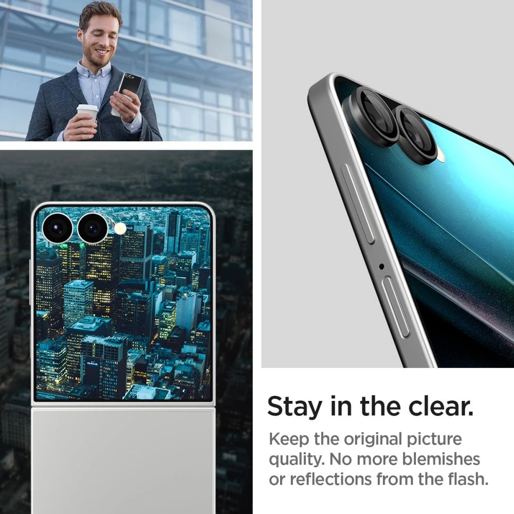 „Spigen Optik Pro HD Glas.TR“ „EZ FIT“ kameros apsauginiai dėklai, 2 vnt. pakuotėje, „Galaxy Z Flip 7“, juodi