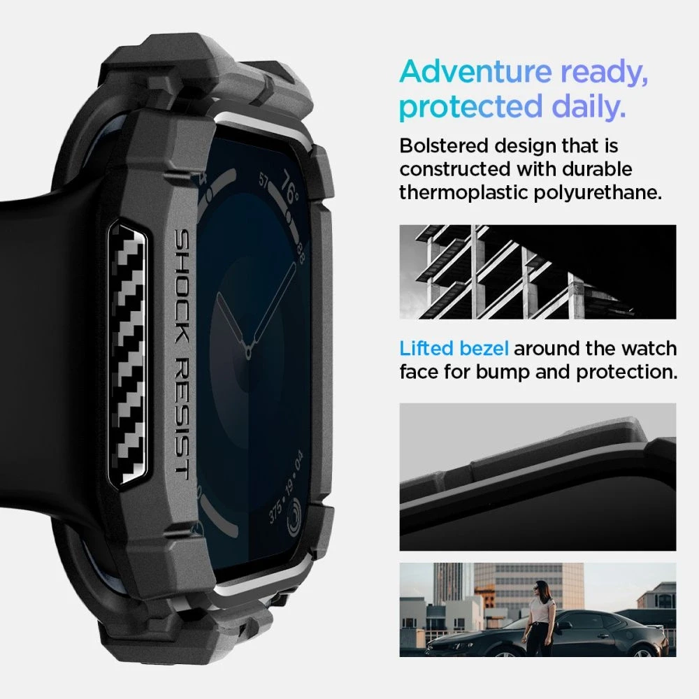Dėklas Apple Watch 10 (42mm) Spigen Rugged Armor Matte juodas