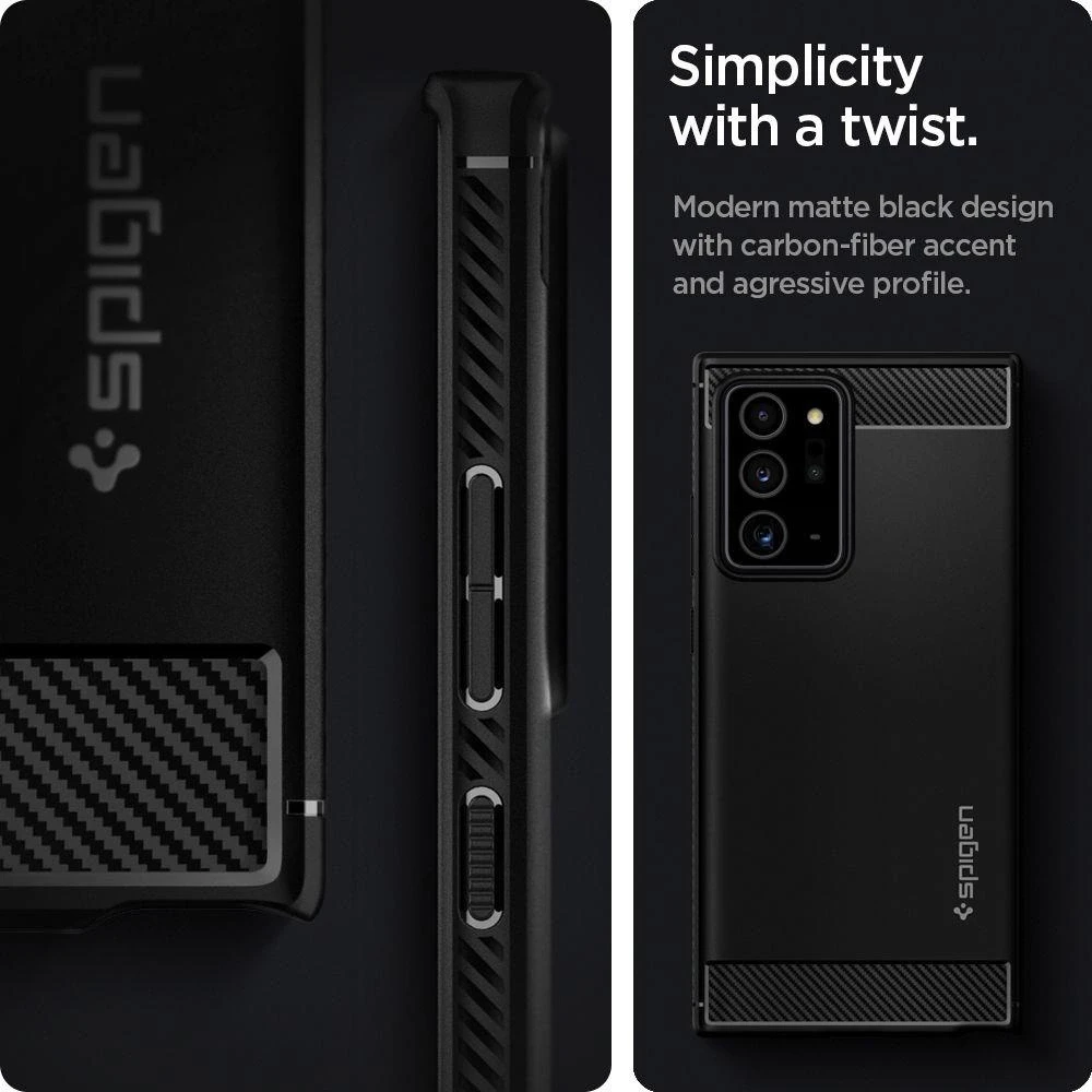 Dėklas Spigen Rugged Armor, juodos spalvos – Samsung Galaxy Note20 Ultra