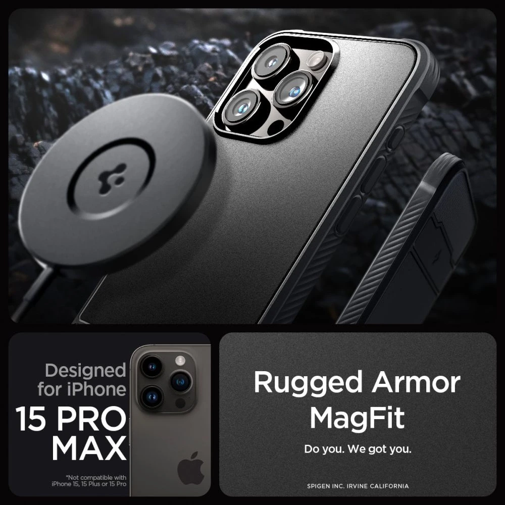 Apple iPhone 15 Pro Max Spigen Rugged Armor MagSafe Matte telefono dėklas juodos spalvos