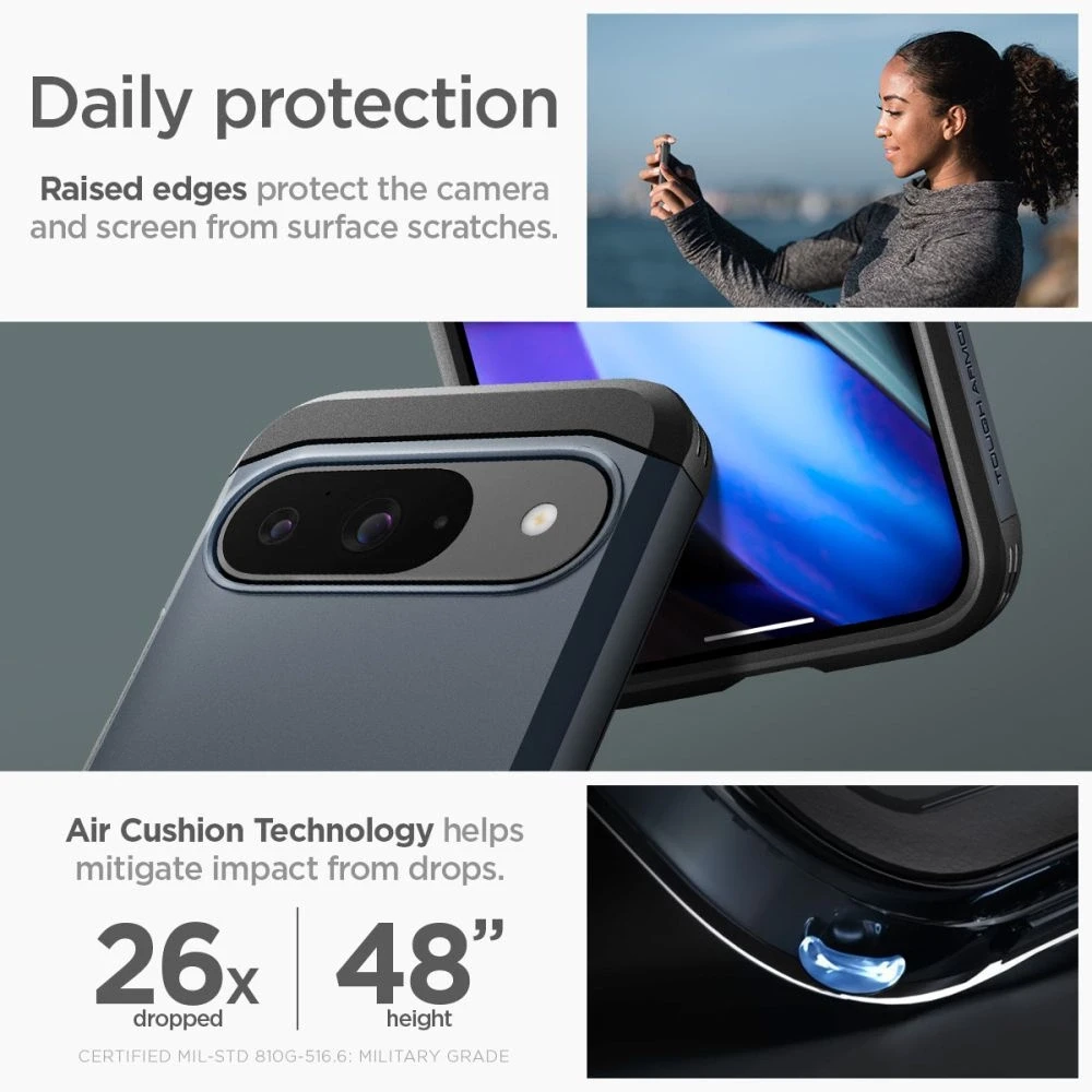 Dėklas „Spigen Tough Armor“, metalinis skalūno spalvos – „Google Pixel 9 Pro“ / „Pixel 9“