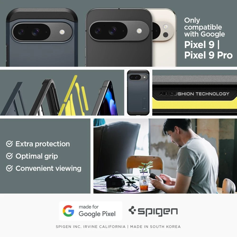 Dėklas „Spigen Tough Armor“, metalinis skalūno spalvos – „Google Pixel 9 Pro“ / „Pixel 9“