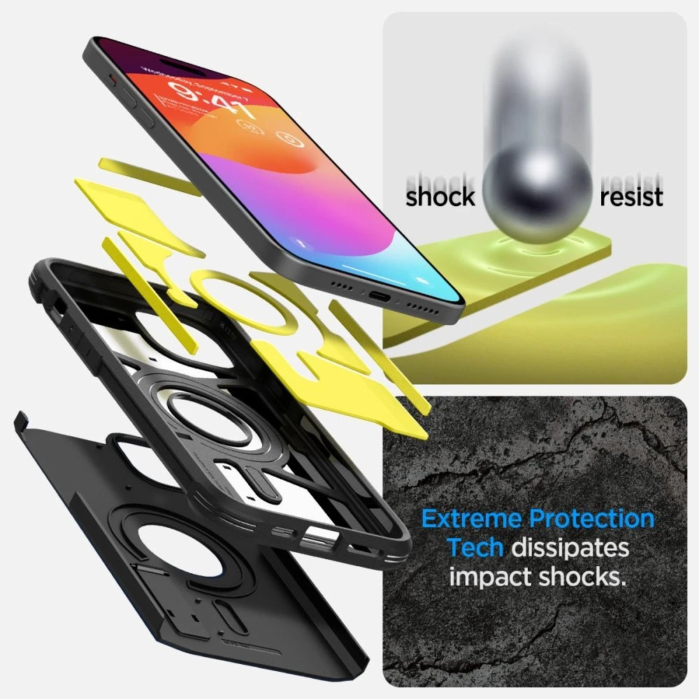 Apple iPhone 15 Spigen Tough Armor Mag MagSafe telefono dėklas juodos spalvos