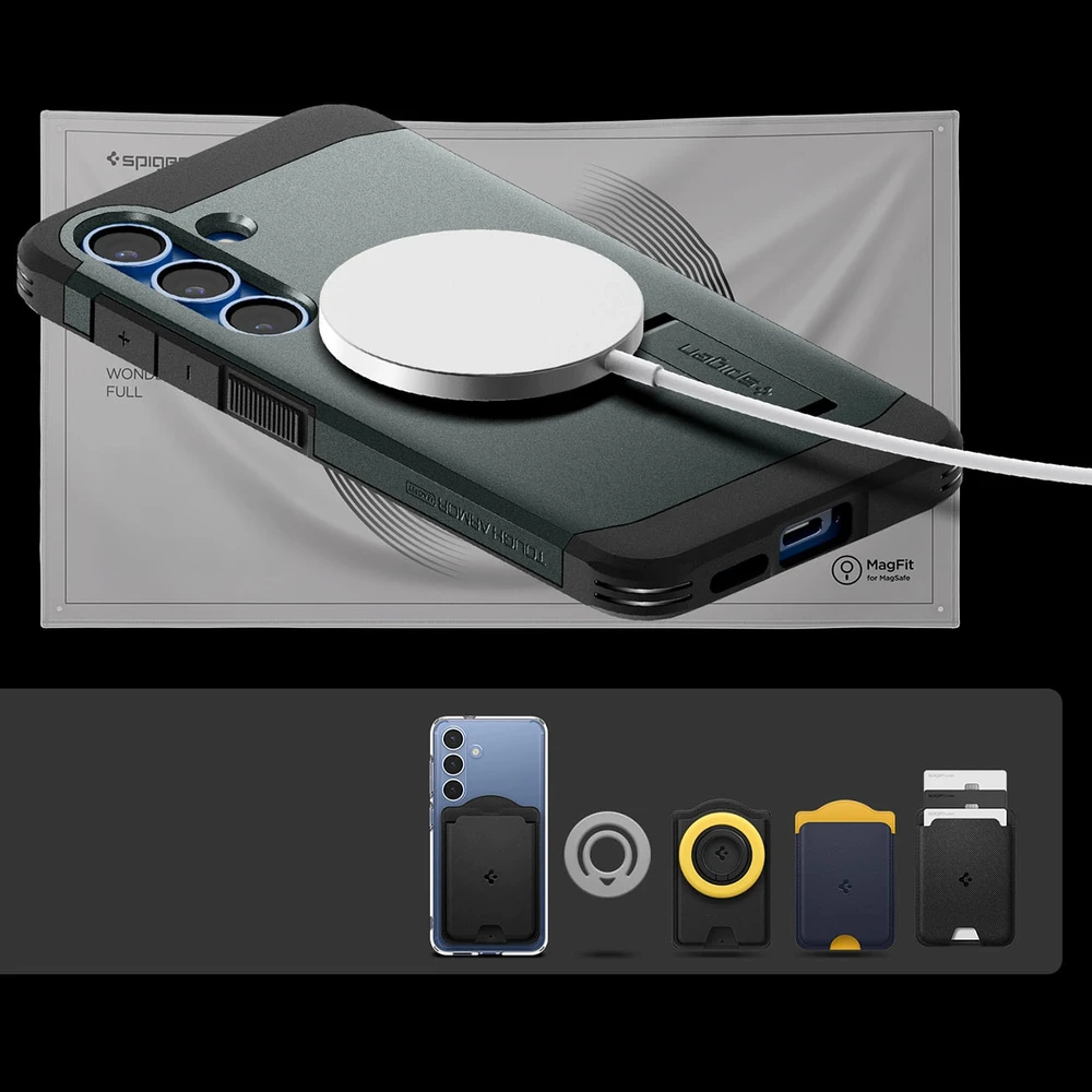 Spigen Tough Armor MagSafe dėklas skirtas Samsung Galaxy S25 – žalios spalvos