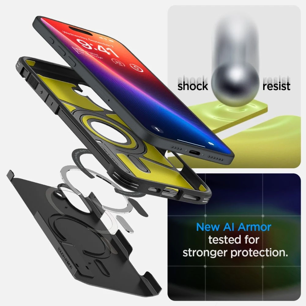 Spigen Tough Armor MagSafe su stoveliu Apple iPhone 16 – dėklas telefonui juodos spalvos