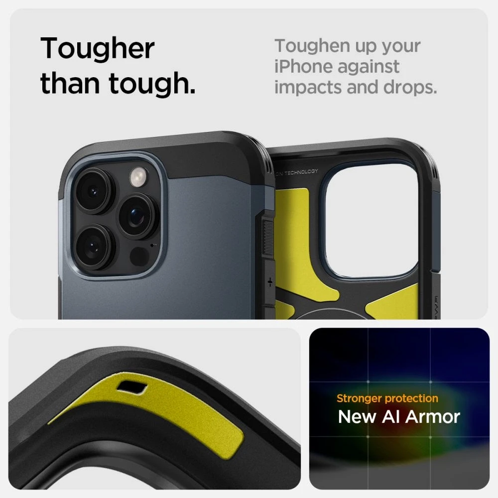 Spigen Tough Armor MagSafe su stoveliu Apple iPhone 16 Pro Max – dėklas telefonui pilkos spalvos