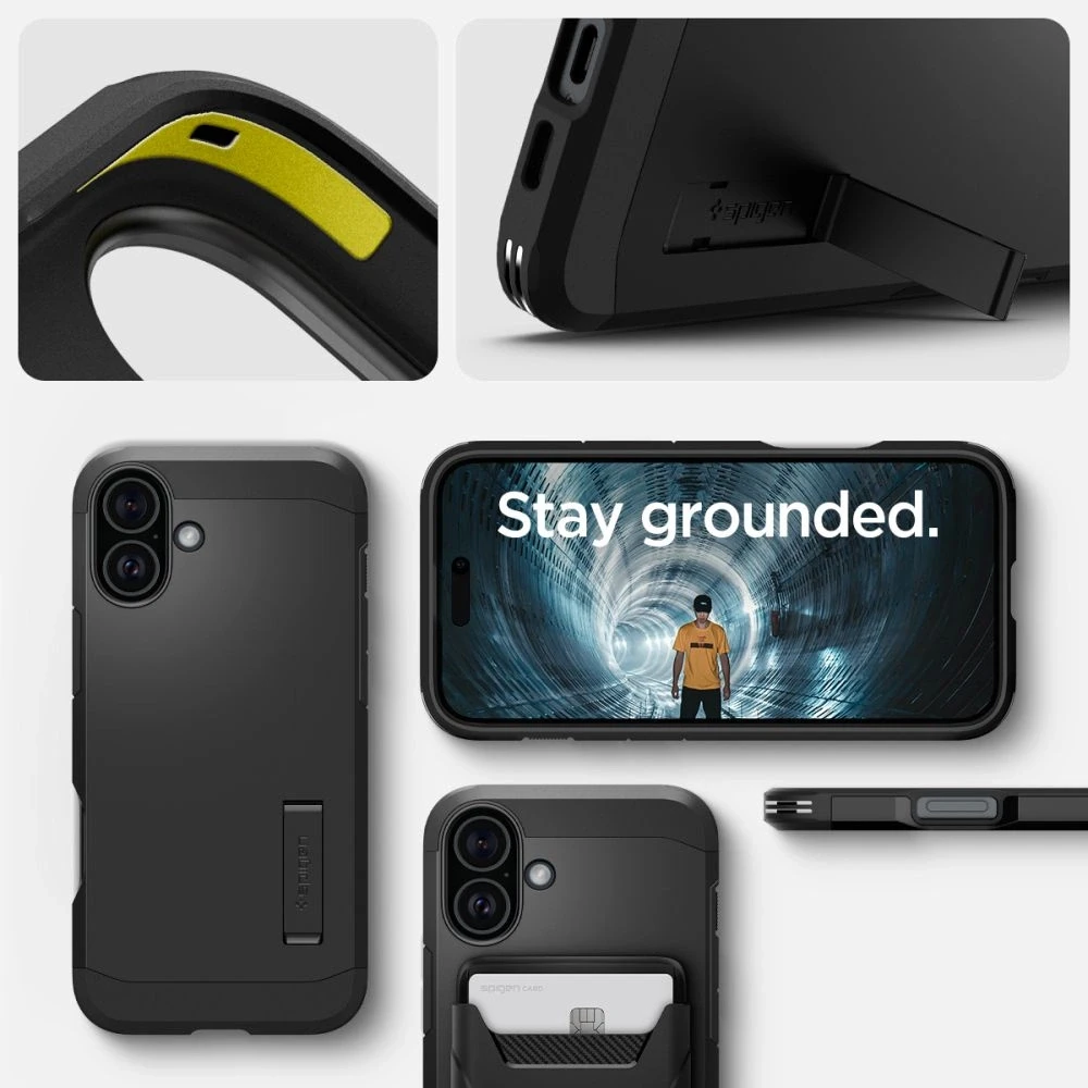 Spigen Tough Armor MagSafe su stoveliu Apple iPhone 16 – dėklas telefonui juodos spalvos