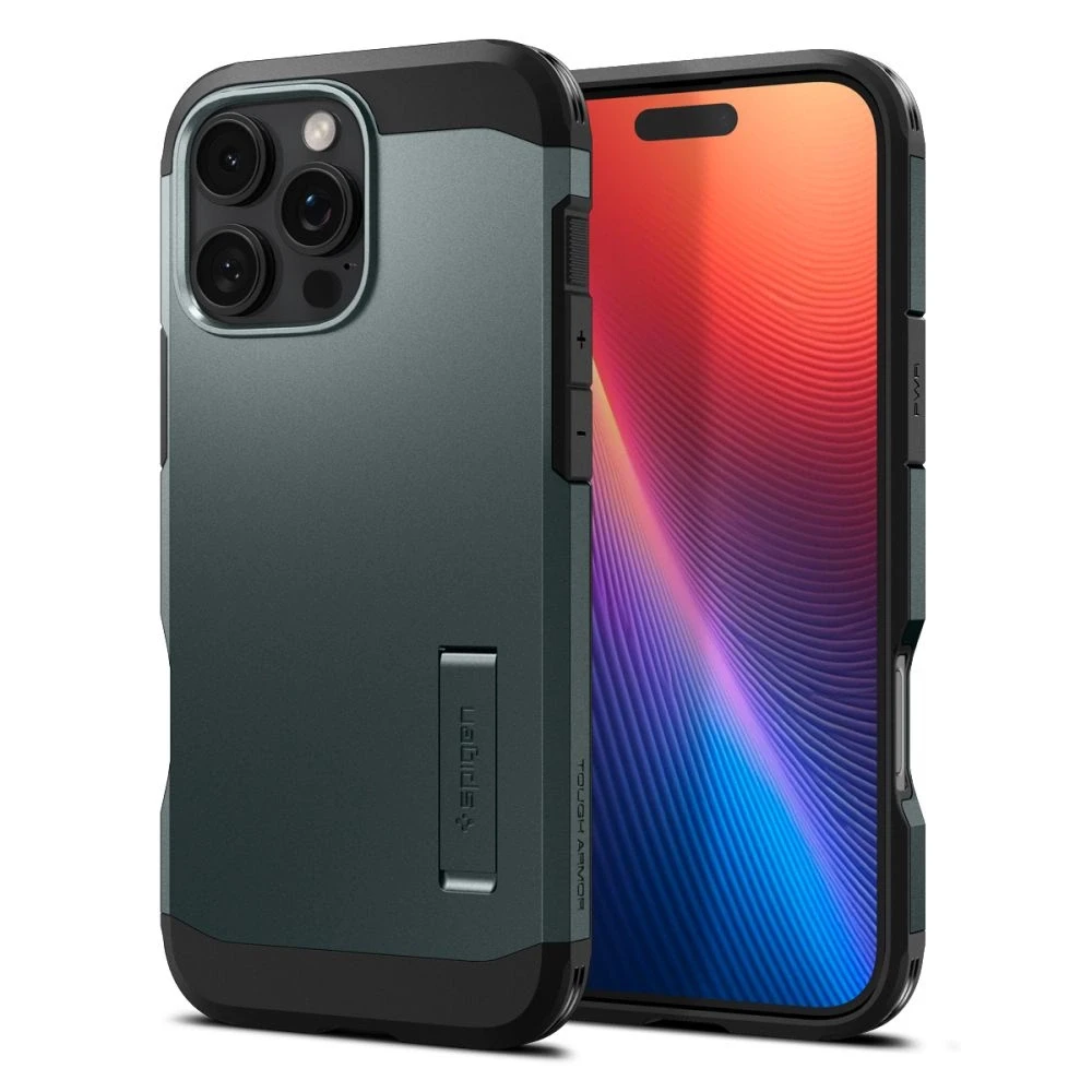Spigen Tough Armor MagSafe su stoveliu Apple iPhone 16 Pro – dėklas telefonui žalios spalvos
