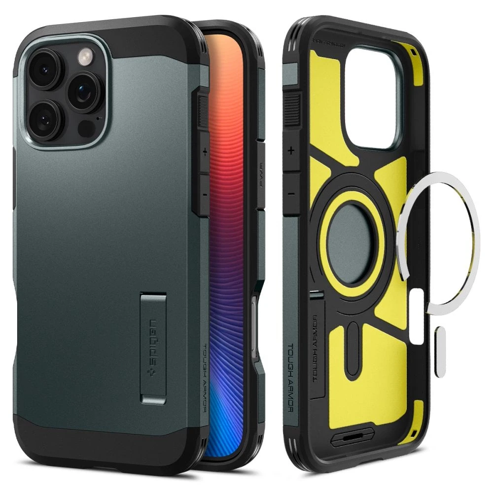Spigen Tough Armor MagSafe su stoveliu Apple iPhone 16 Pro – dėklas telefonui žalios spalvos