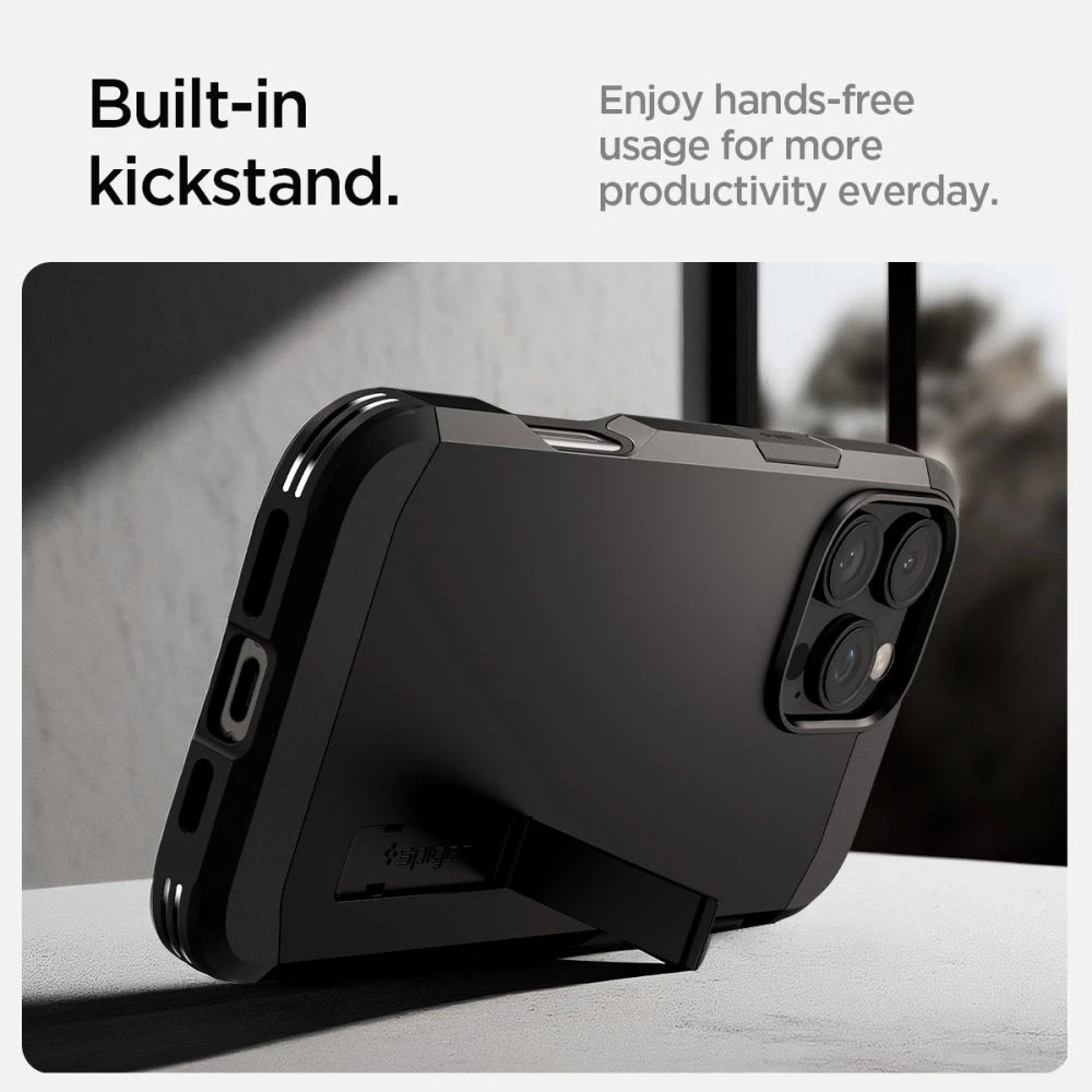 Spigen Tough Armor MagSafe su stoveliu Apple iPhone 16 Pro – dėklas telefonui juodos spalvos