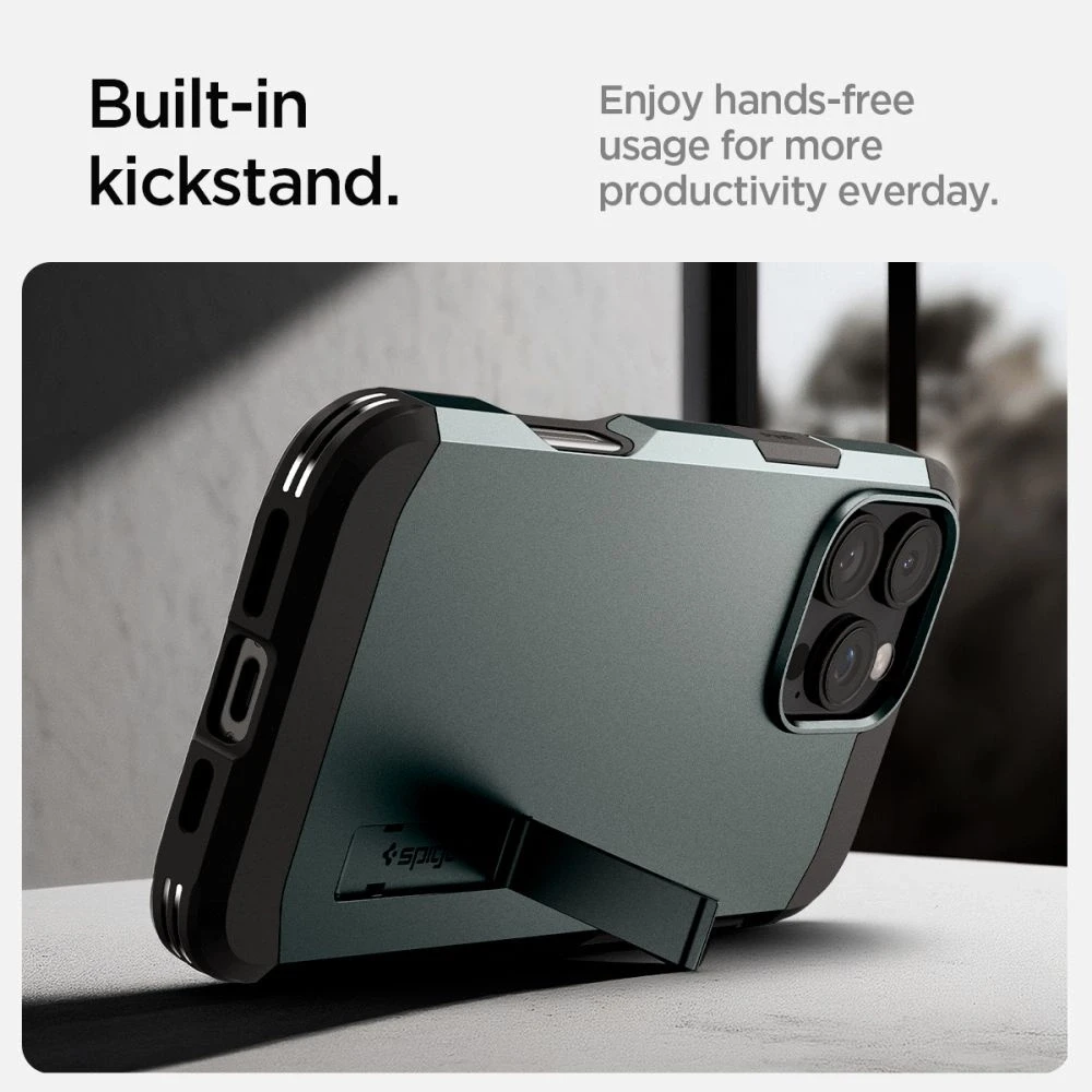 Spigen Tough Armor MagSafe su stoveliu Apple iPhone 16 Pro – dėklas telefonui žalios spalvos
