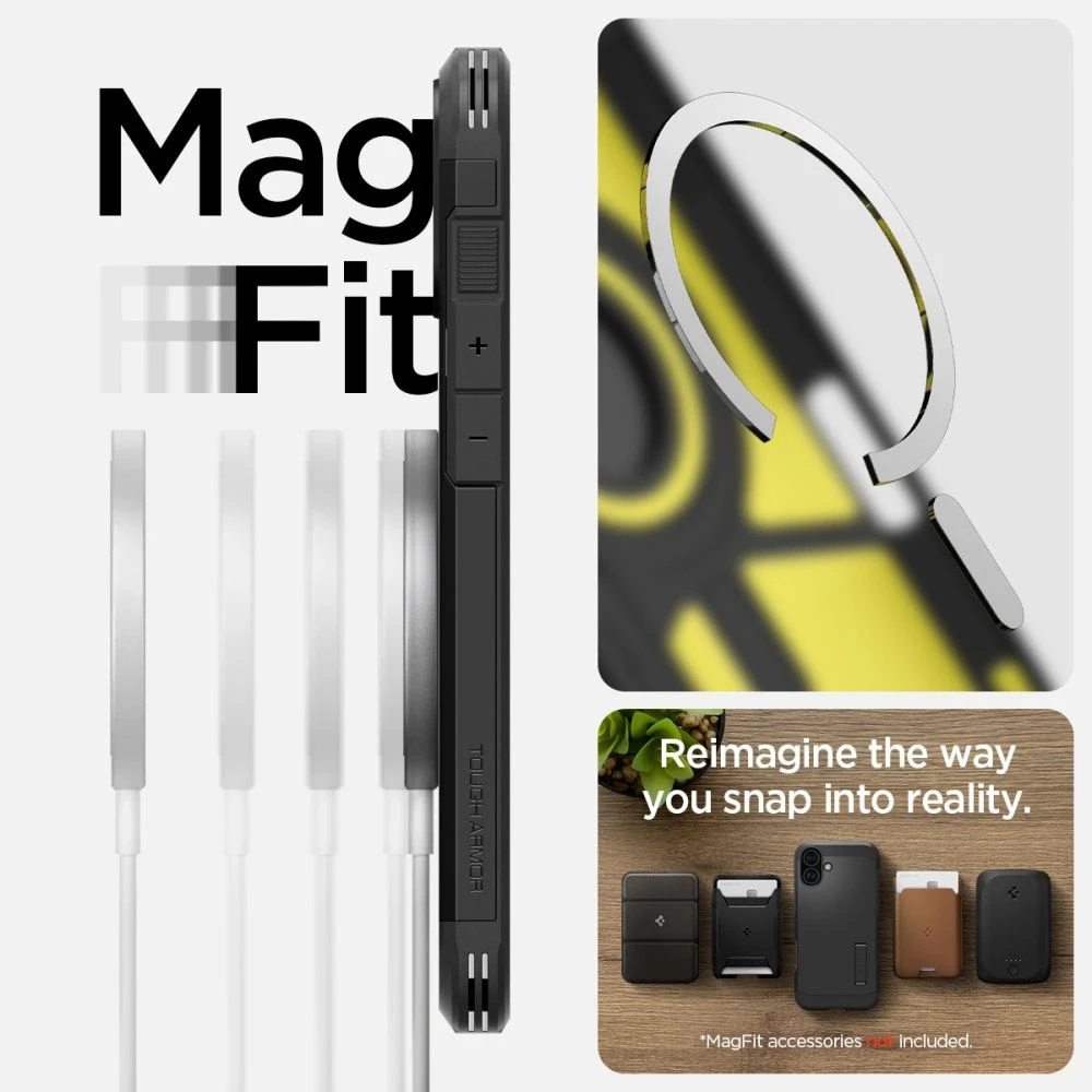 Spigen Tough Armor MagSafe su stoveliu Apple iPhone 16 – dėklas telefonui juodos spalvos