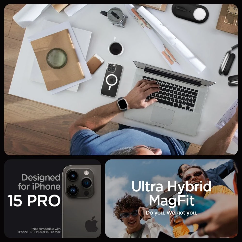 Spigen Ultra Hybrid (MagFit) dėklas skirtas Apple iPhone 15 Pro, Baltos spalvos