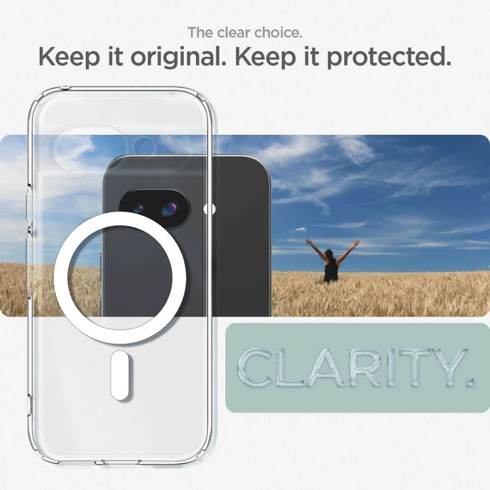 SPIGEN dėklas ULTRA HYBRID MAG suderinamas su MagSafe, skirtas GOOGLE PIXEL 9A skaidrus/baltas