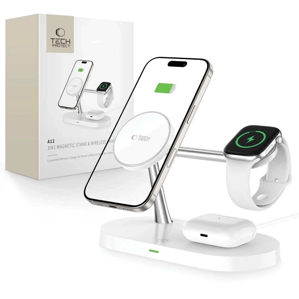 Belaidis įkroviklis 3in1 MagSafe Quick Charge Tech-Protect A12 baltos spalvos