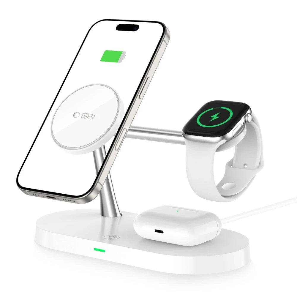Belaidis įkroviklis 3in1 MagSafe Quick Charge Tech-Protect A12 baltos spalvos