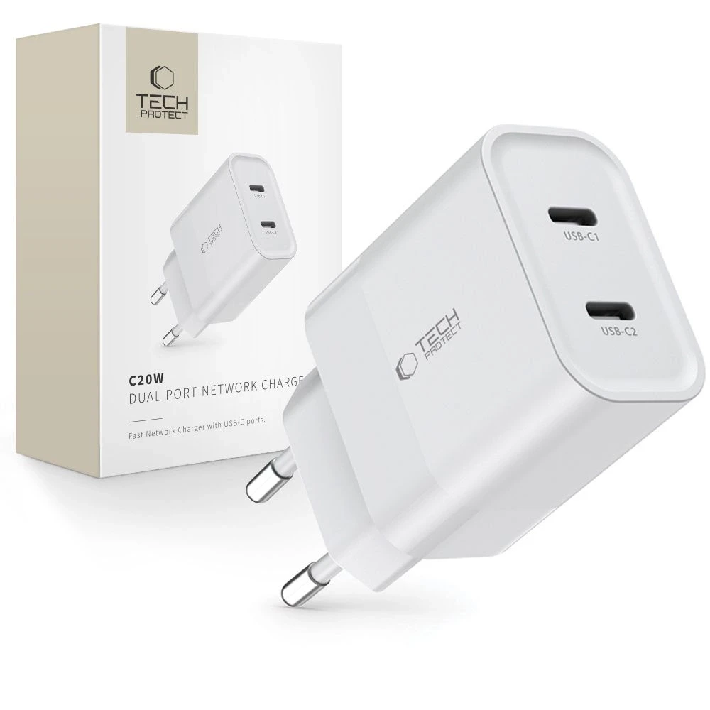 Sieninis įkroviklis PD 20W 2x USB-C Tech-Protect C20W baltos spalvos