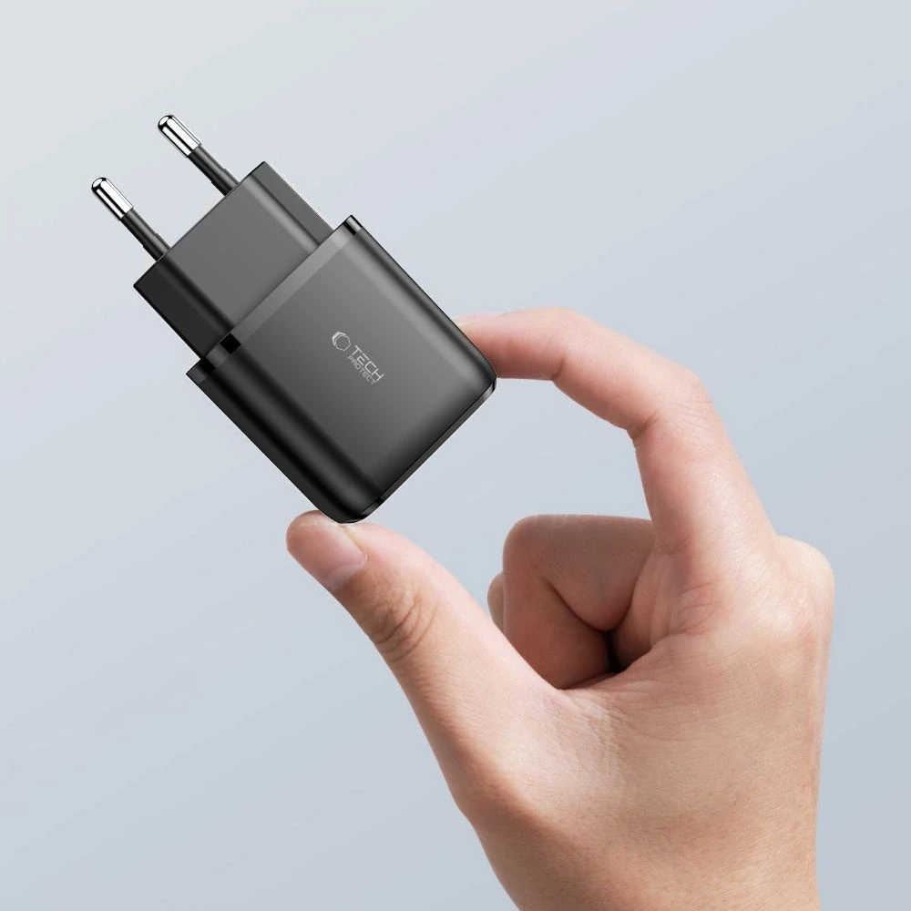 Įkroviklis 20W USB QC3.0 + USB-C PD Tech-Protect C20W juodos spalvos
