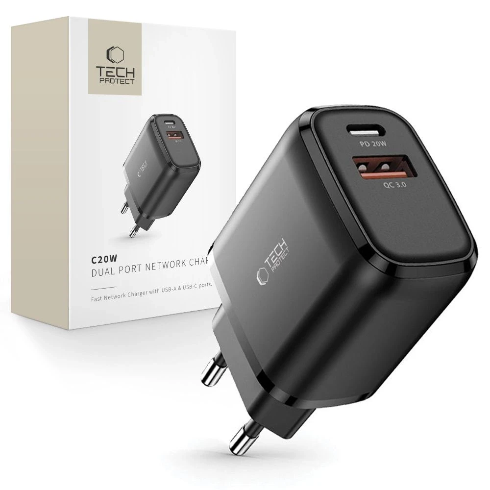 Įkroviklis 20W USB QC3.0 + USB-C PD Tech-Protect C20W juodos spalvos