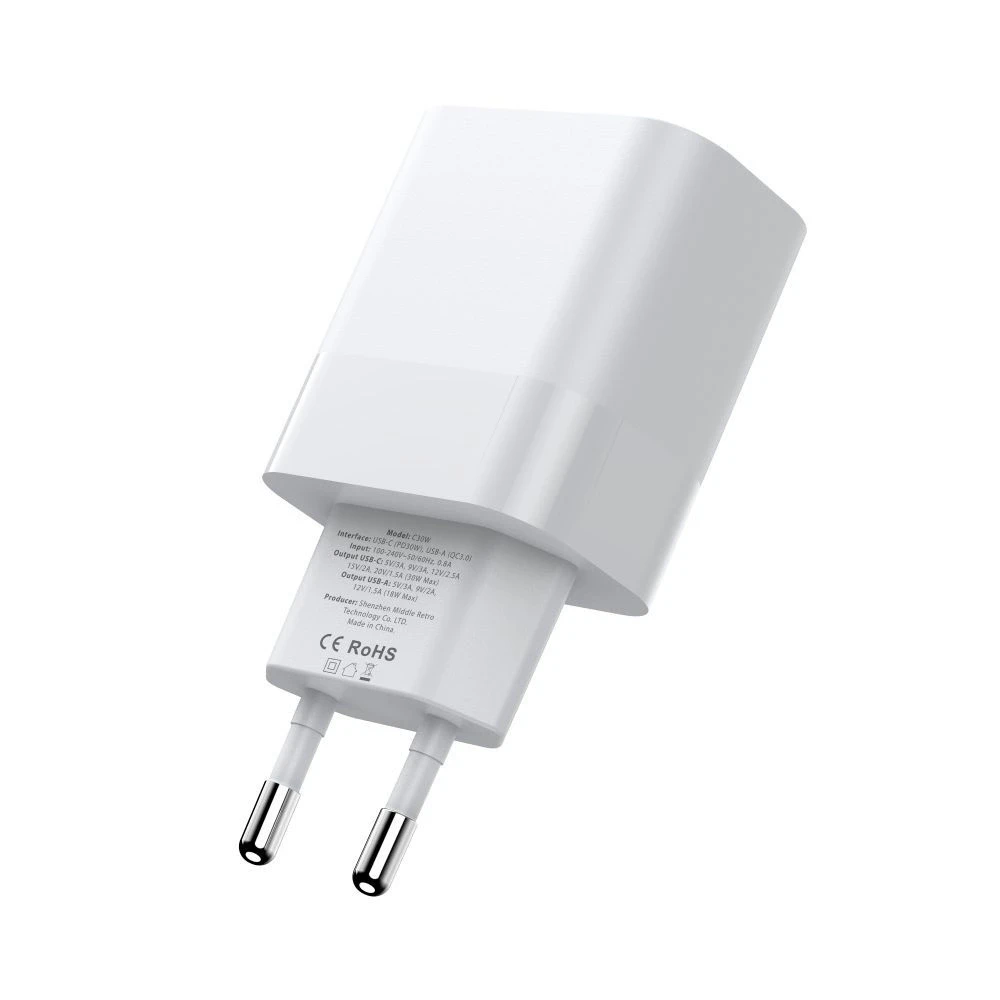 Įkroviklis 30W USB QC3.0 + USB-C PD Tech-Protect C30W baltos spalvos
