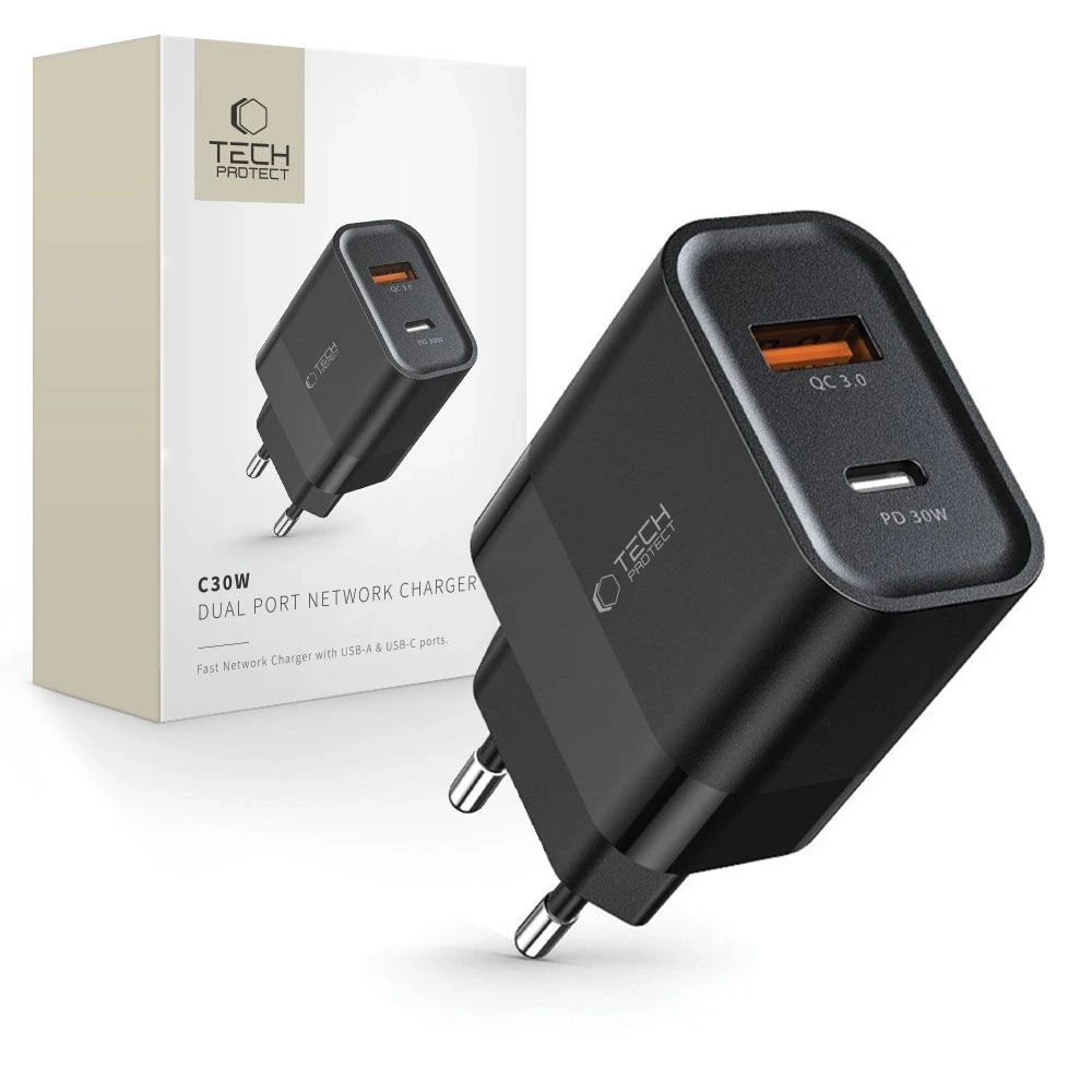 Įkroviklis 30W USB QC3.0 + USB-C PD Tech-Protect C30W juodos spalvos