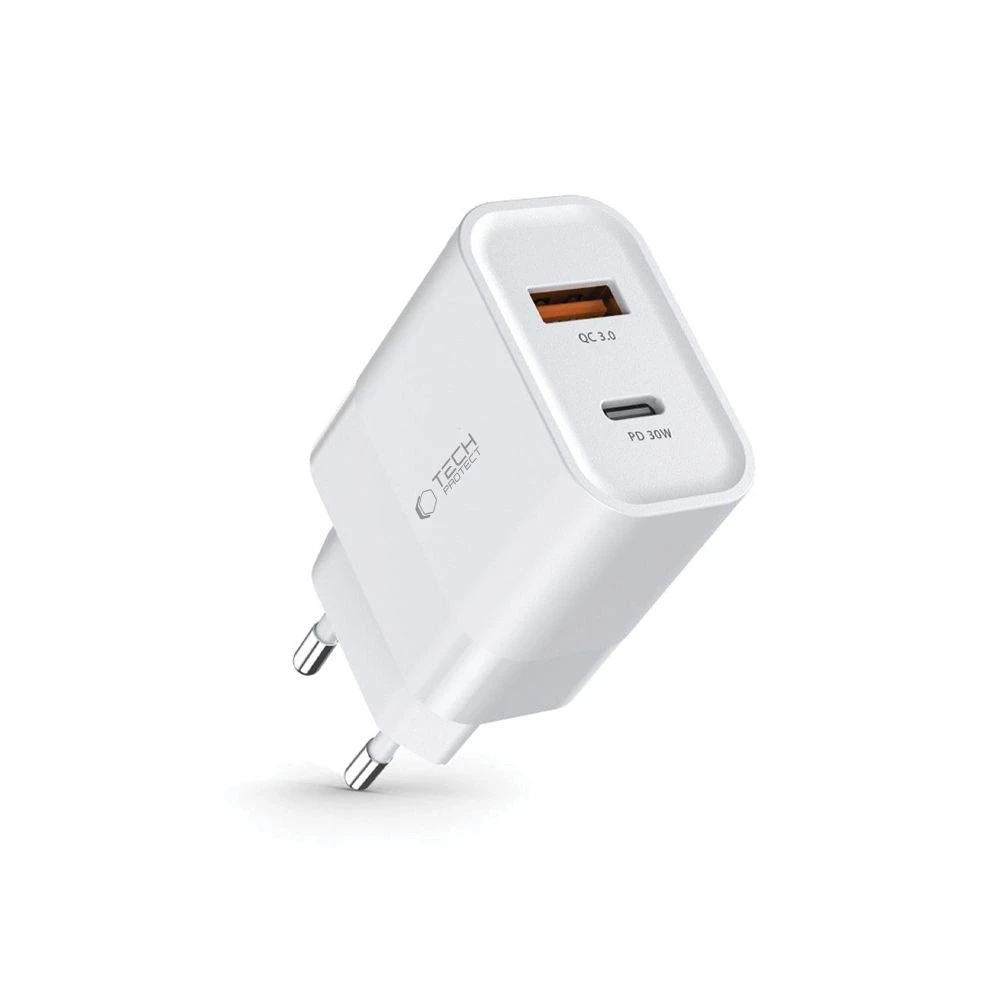 Įkroviklis 30W USB QC3.0 + USB-C PD Tech-Protect C30W baltos spalvos