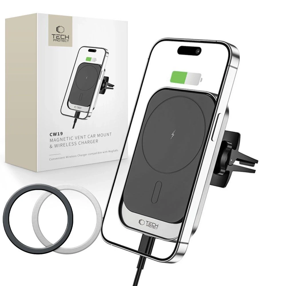 MagSafe Automobilinis laikiklis su 15W belaidžiu įkrovimu for Supply / ventiliacijos grotelėms USB-C Tech-Protect CW19 juodos spalvos