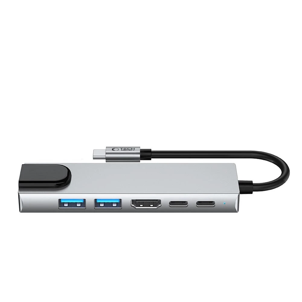 Tech-Protect HB02 HUB Adapteris 6in1 USB-C + USB2.0 + USB3.0 + HDMI 4K 30Hz + RJ45 + PD100W - pilka