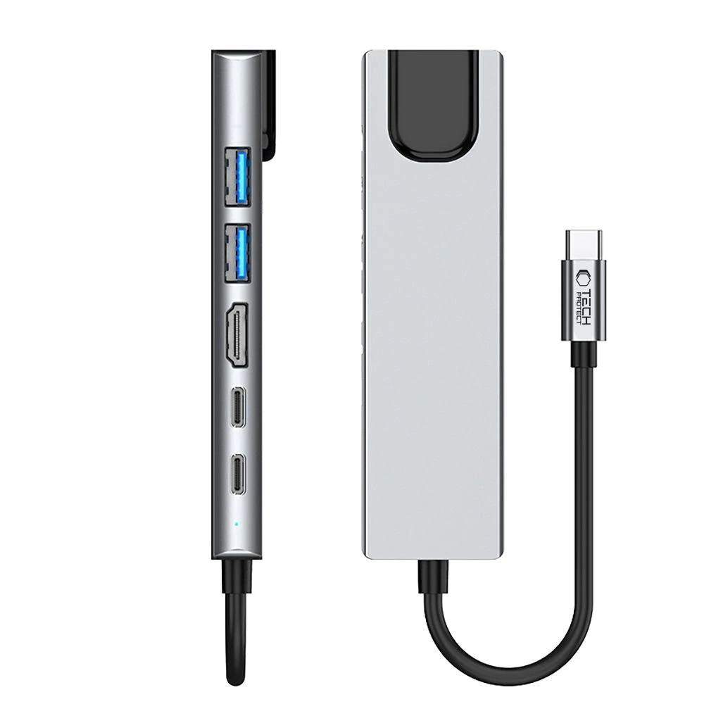 Tech-Protect HB02 HUB Adapteris 6in1 USB-C + USB2.0 + USB3.0 + HDMI 4K 30Hz + RJ45 + PD100W - pilka