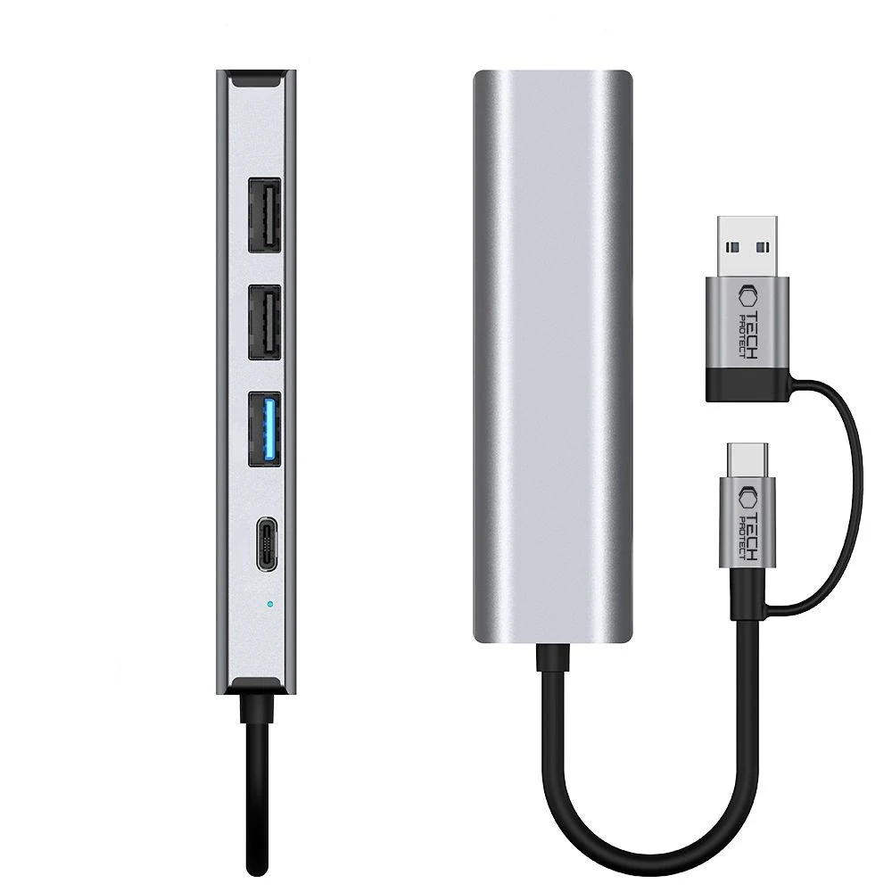 Tech-Protect HB03 HUB Adapteris 5in1 USB-C + USB2.0 + USB3.0 + RJ45 - pilka