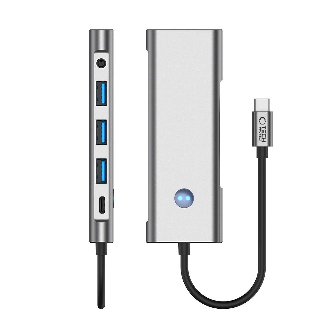 Tech-Protect HB04 HUB Adapteris 9in1 USB-C + USB2.0 + USB3.0 + HDMI 4K 60Hz + SD / TF + PD100W + AV3.5 - pilka