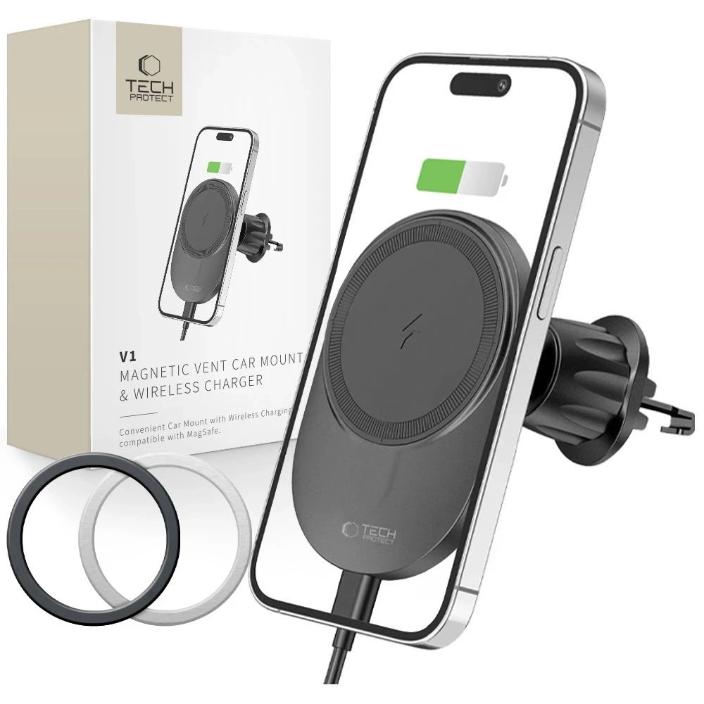 Magnetic MagSafe Automobilinis laikiklis Wireless Charging 15W for Vent Car Tech-Protect mm15W-V1 juodos spalvos