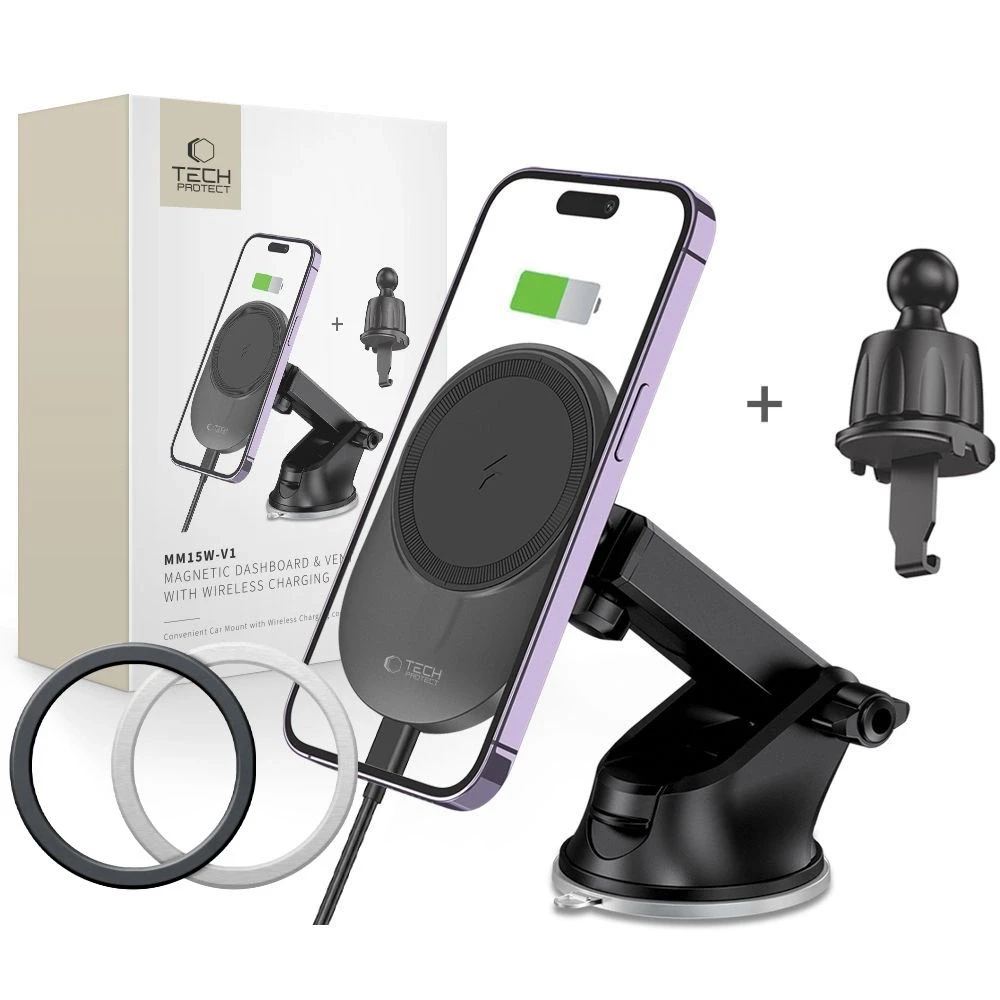 Magnetinis automobilinis laikiklis MagSafe su 15W indukciniu prietaisų skydelio / ventiliacijos grotelių įkrovimu Teleskopinė rankena Tech-Protect mm15W-V1 juodos spalvos