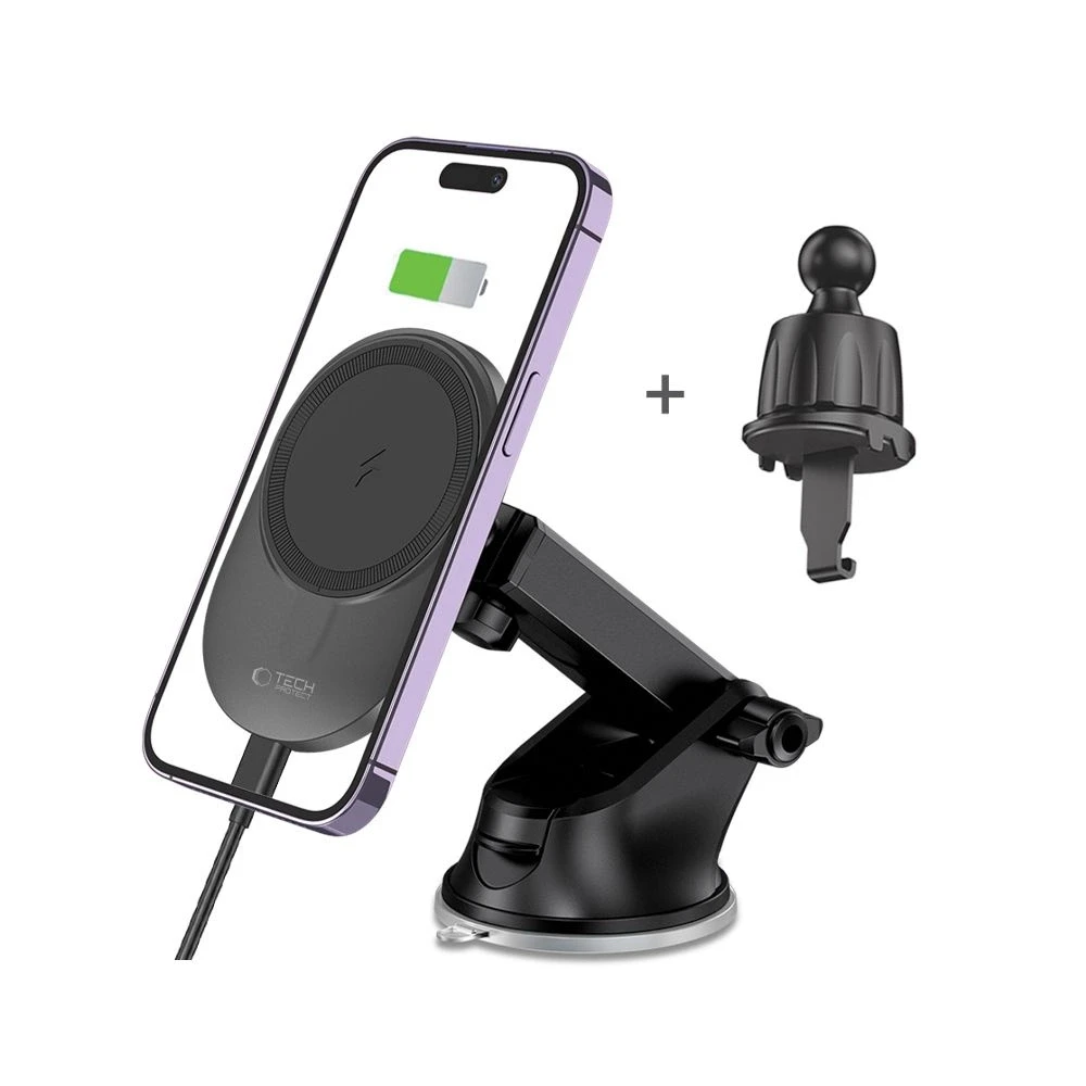 Magnetinis automobilinis laikiklis MagSafe su 15W indukciniu prietaisų skydelio / ventiliacijos grotelių įkrovimu Teleskopinė rankena Tech-Protect mm15W-V1 juodos spalvos