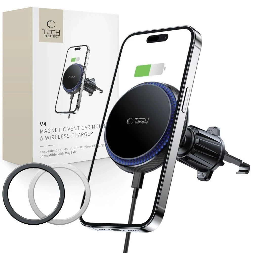 Magnetic MagSafe Automobilinis laikiklis Wireless Charging 15W for Vent Car Tech-Protect mm15W-V4 juodos spalvos