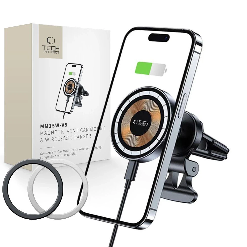 Belaidis automobilinis telefono įkroviklis 15W MagSafe Tech-Protect mm15W-V5 juodos spalvos