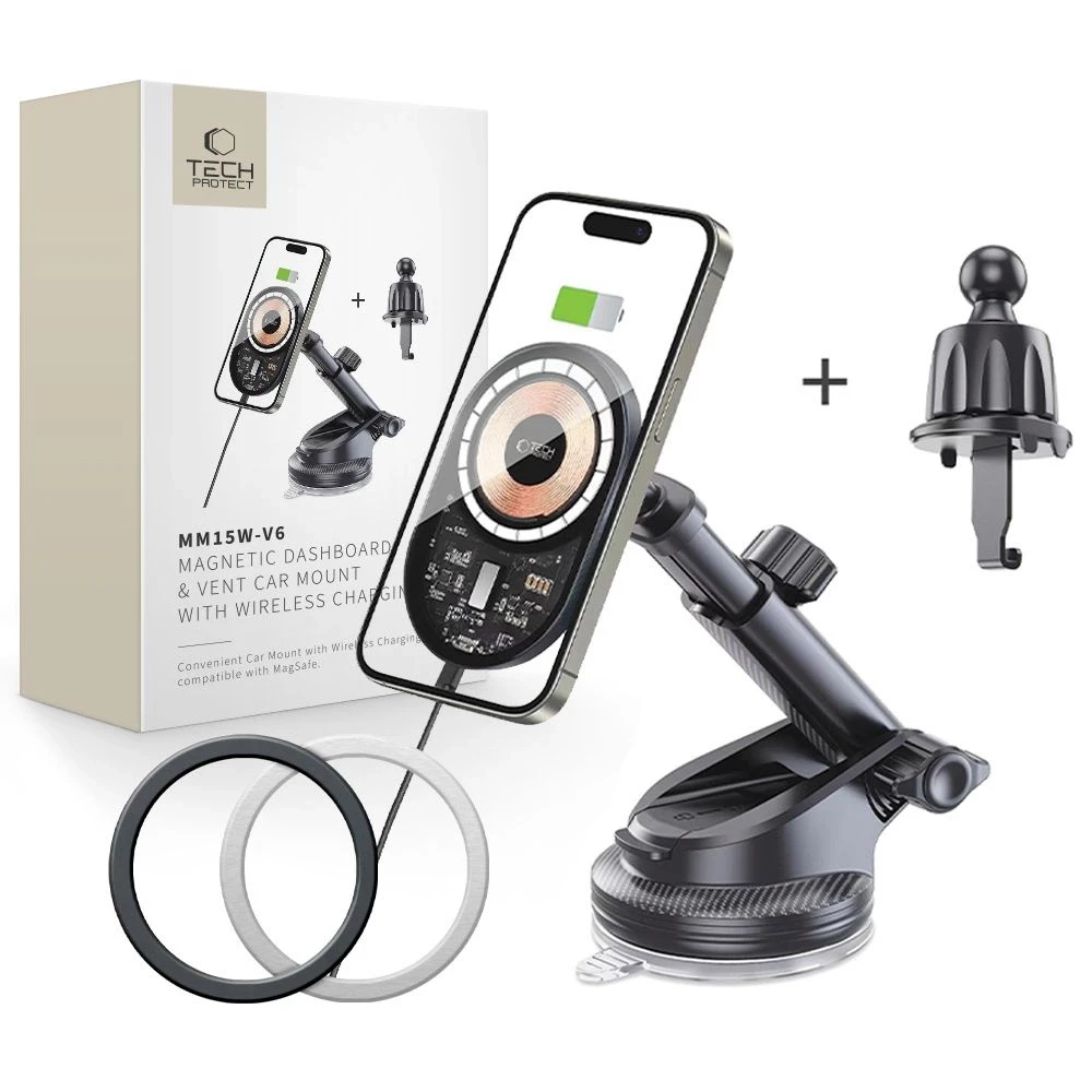 Tech-Protect MM15W-V6 15W automobilinis laikiklis su įkrovikliu MagSafe juodos spalvos