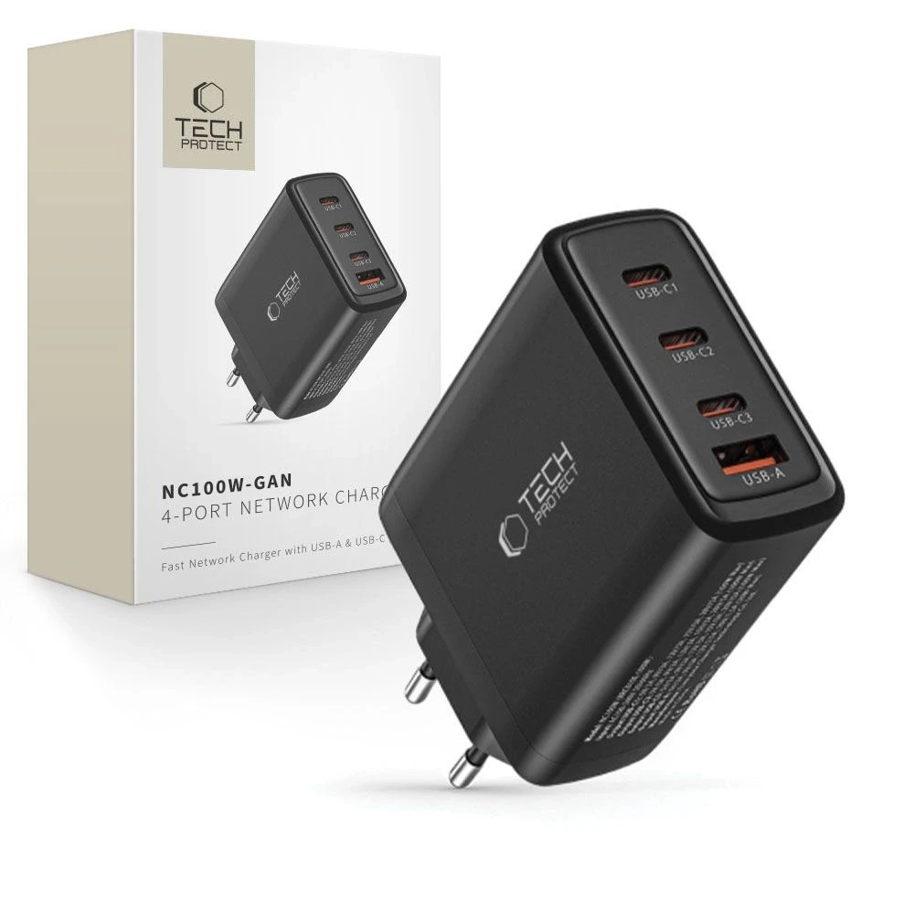 Laidinis įkroviklis 100W 3x USB-C PD + QC3.0 USB Tech-Protect NC100W-GAN juodos spalvos