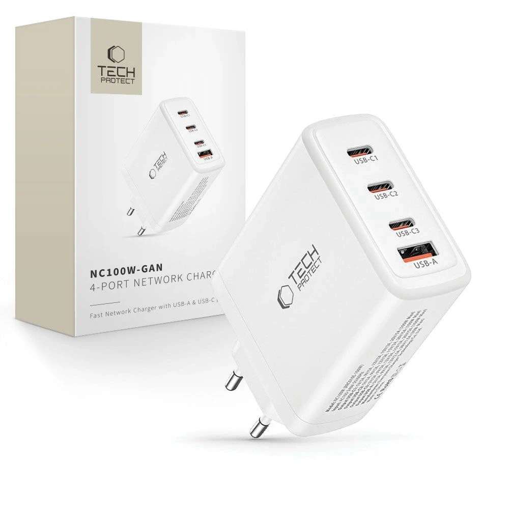 Laidinis įkroviklis 100W 3x USB-C PD + QC3.0 USB Tech-Protect NC100W-GAN baltos spalvos
