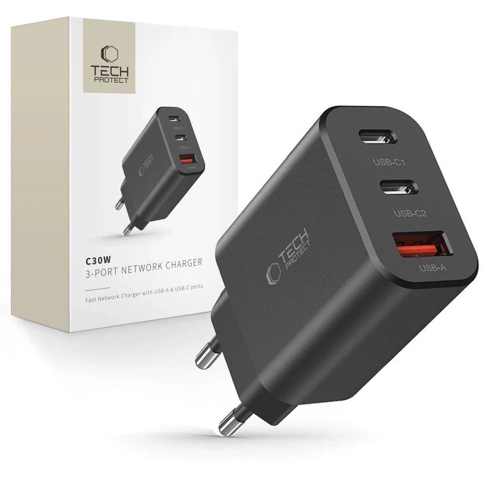 Laidinis įkroviklis 30W 2x PD USB-C + QC3.0 USB Tech-Protect C30W juodos spalvos