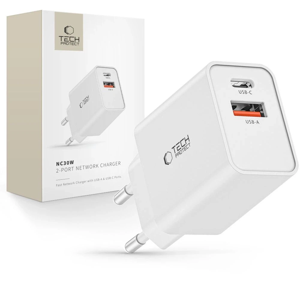 Laidinis įkroviklis 30W PD USB-C + QC3.0 USB Tech-Protect NC30W baltos spalvos