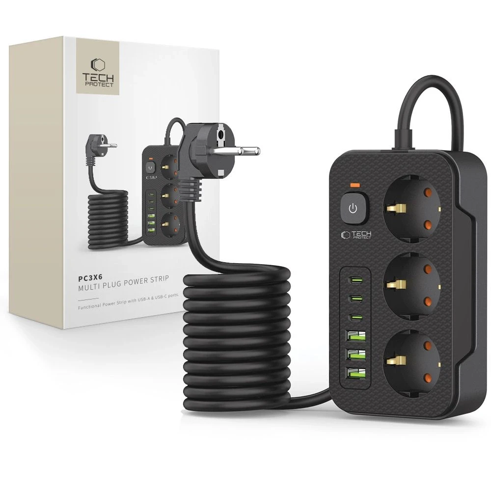 „Tech-Protect PC3X6“ ilgintuvas, 3 lizdai, 240 V + 3 USB-A + 3 USB-C, 200 cm, juodas