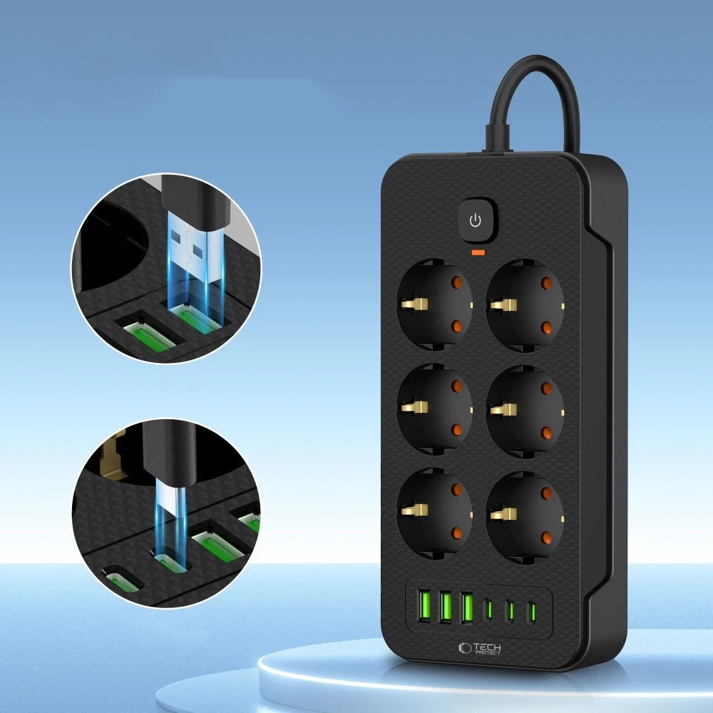 „Tech-Protect PC6X6“ maitinimo lizdas, 6 lizdai, 240 V + 3 USB-A + 3 USB-C, 200 cm, juodas
