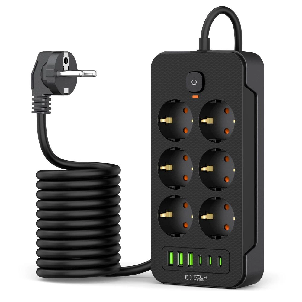 Tech-Protect PC6X6 maitinimo juosta 6 lizdai 240V + 3xUSB-A + 3xUSB-C 200cm - juodas